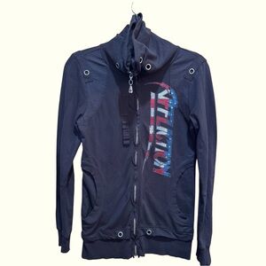 Affliction Skeleton Shimmer Red White Blue With Black Zip Up Jacket Size Small